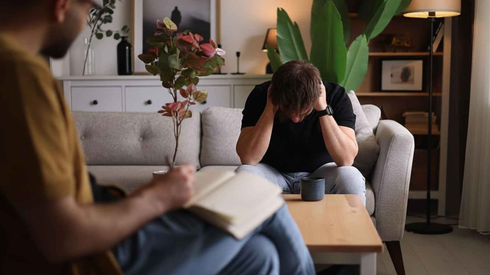 Man holding his head in distress while speaking with a therapist for burnout