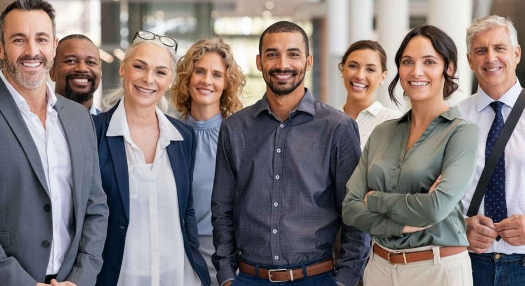 Diverse team of mental health coaching online professionals smiling together in office
