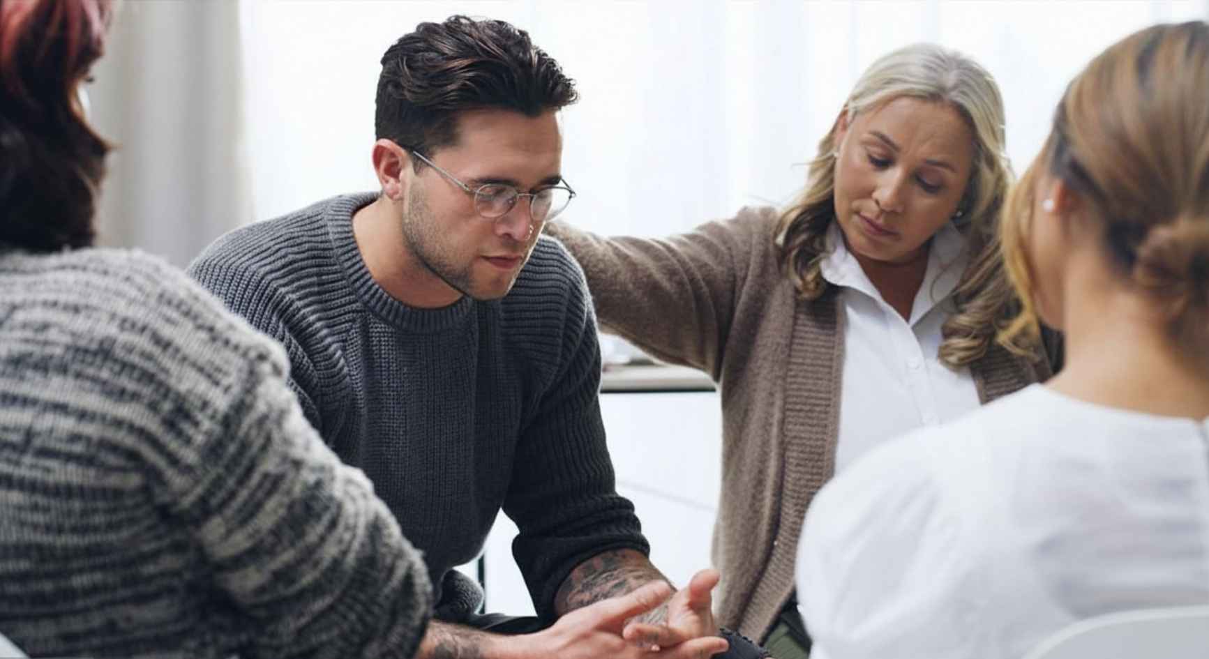Older woman comforting a young man during a group support session