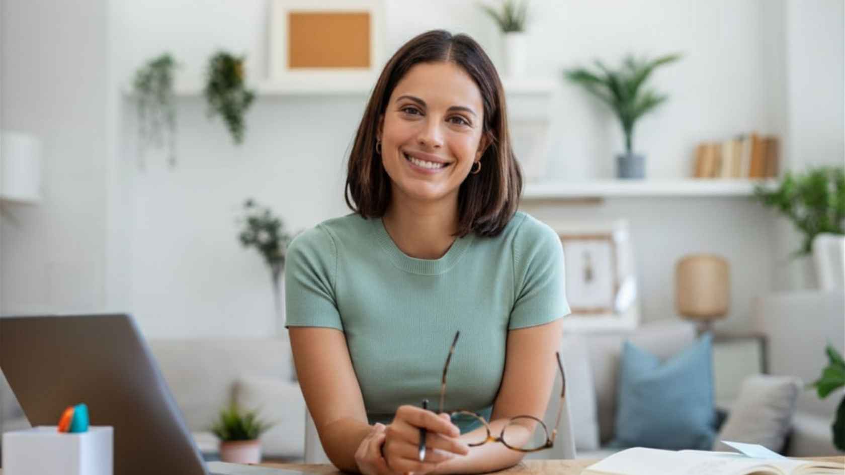 Smiling woman seated at a desk with a laptop and notebook in a bright home office