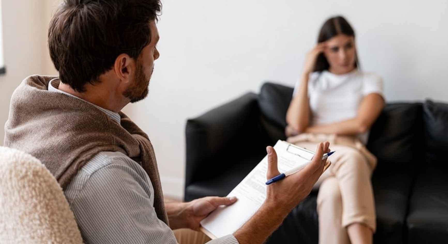 Woman receiving support from a counselor during a difficult moment