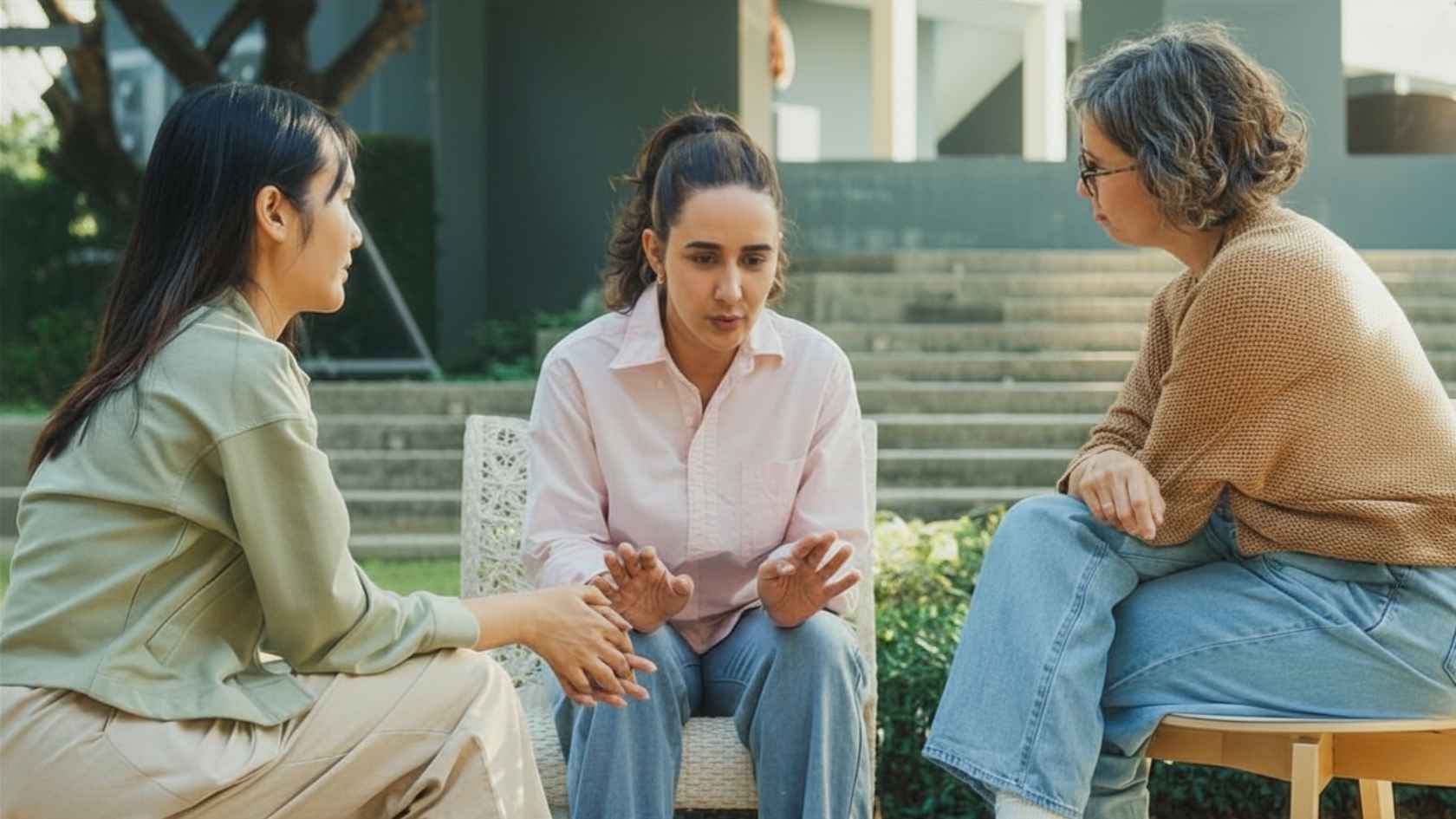 Woman sharing with two other women during an outdoor support group session