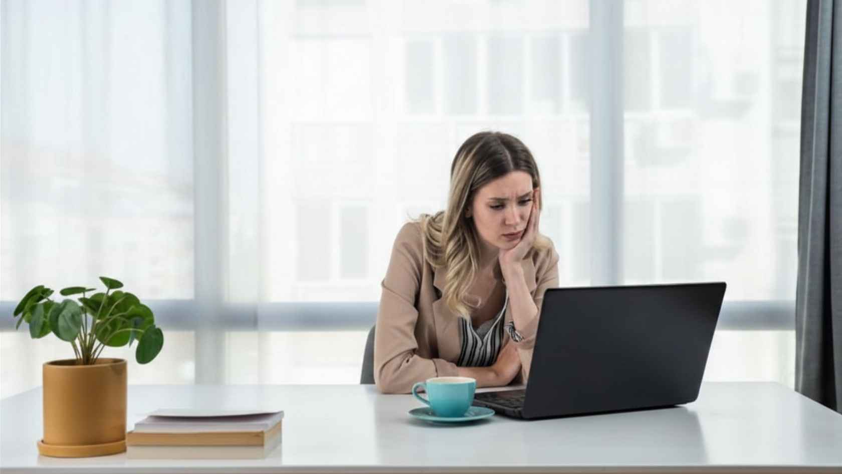 Worried woman resting her head on her hand while looking at a laptop at her desk
