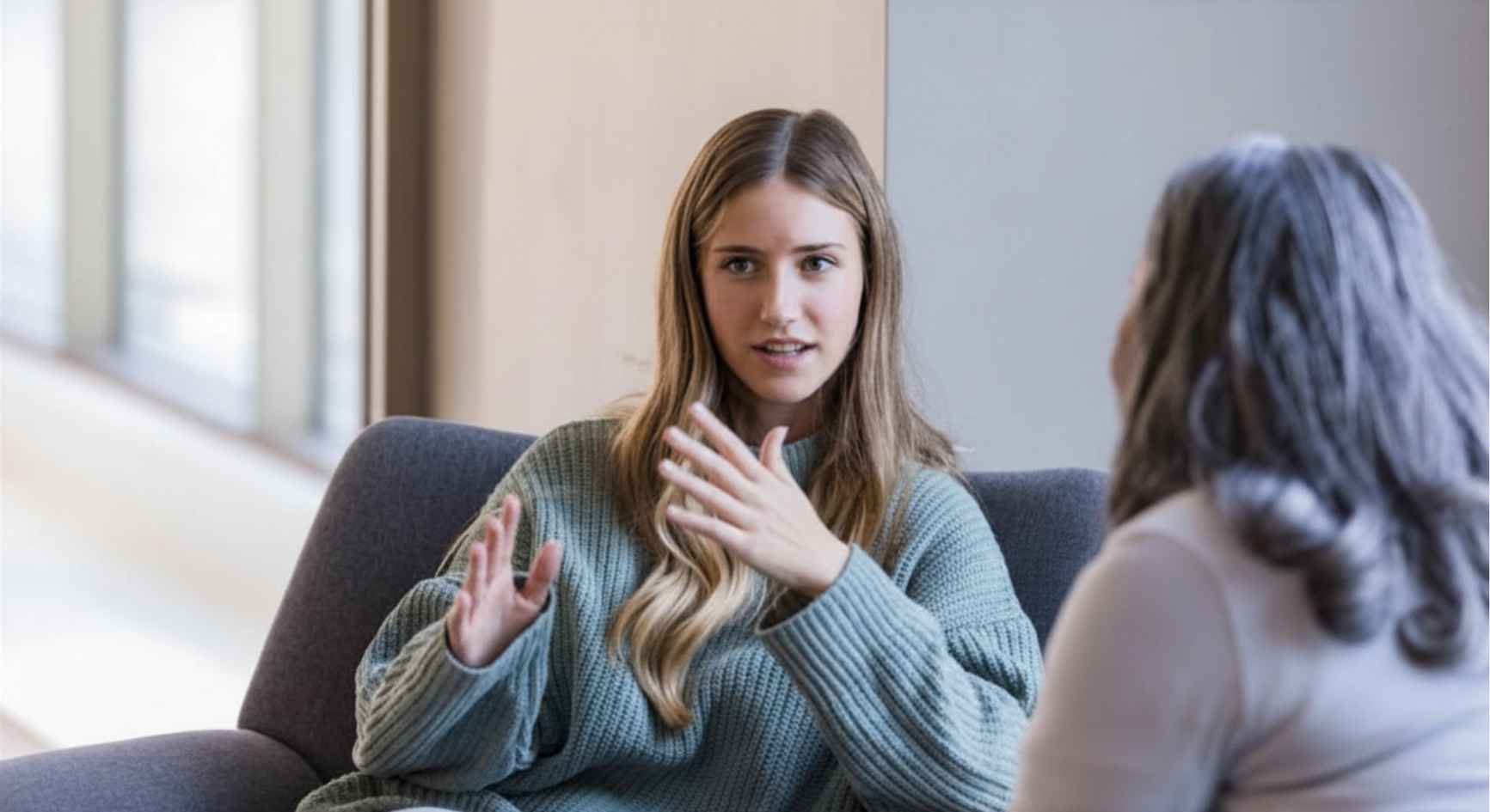 Young woman speaking expressively to a therapist during a coaching session