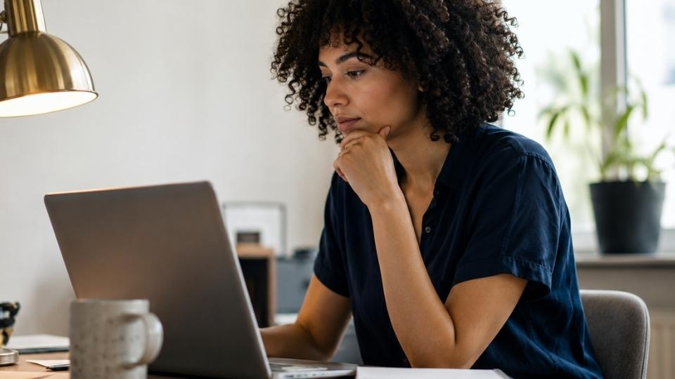 Is Mental Health Coaching the Same as Therapy hero image of a woman thinking about the answer to the question while looking at her laptop.