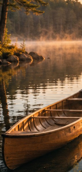 A wooden canoe resting on a calm Northwoods lake shore at sunrise
